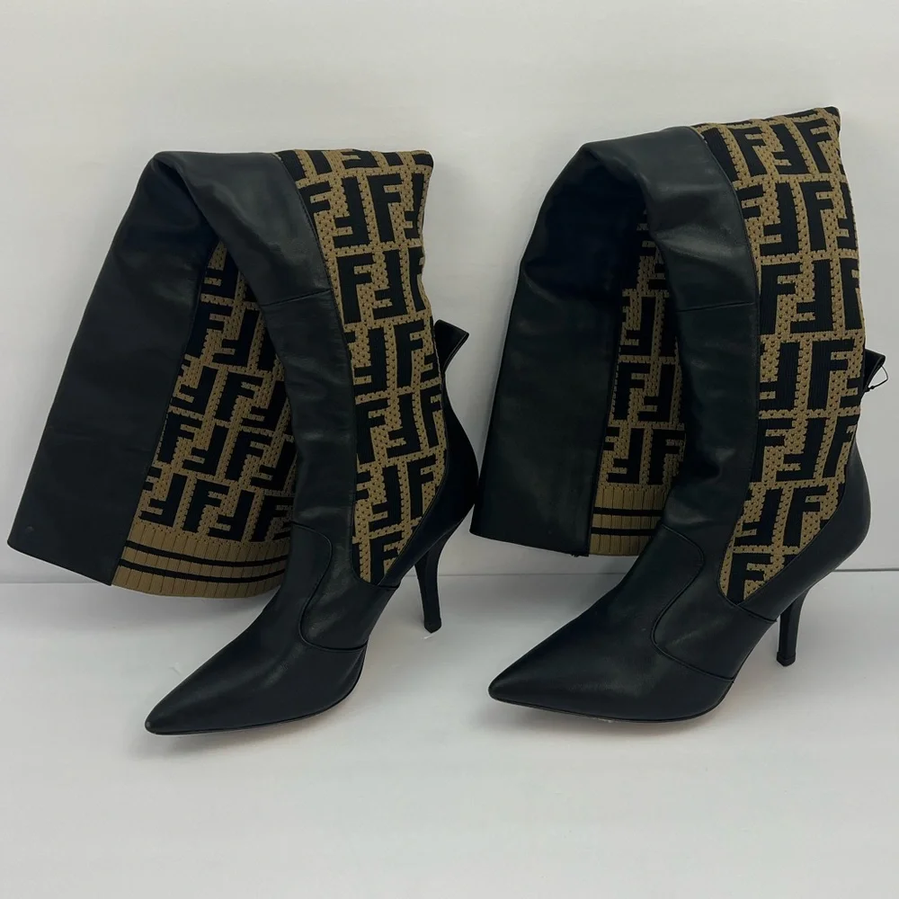 FENDI THIGH HIGH BOOTS, FENDI LOGO “FF”, ROCKOKO HEELS, COLIBRI LEATHER, SIZE 39 - Picture 1 of 17